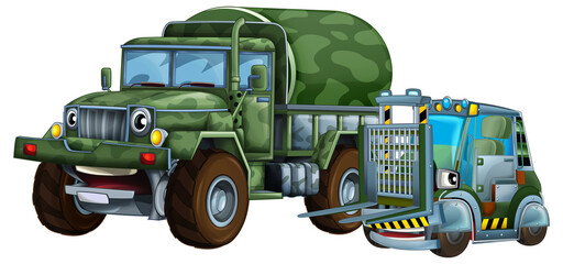 cartoon scene with two military army cars vehicles with forklift theme isolated background illustration for children - 788077542