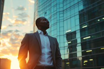 Confident black businessman in suit at sunset in a cityscape - 788077565