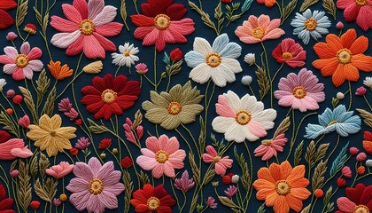 Cosmos Flower Pattern Embroidery Art