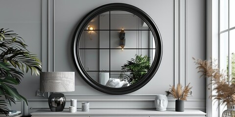 Black vintage metal wall mirror with ornate frame for home decor, hanging on the white wall above a console table in the living room. Generative AI.