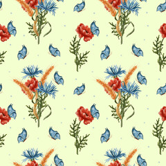 A bouquet of wheat, poppies and cornflower. Seamless watercolor pattern with red poppy flowers and ears of wheat. Wildflowers, butterflies.
