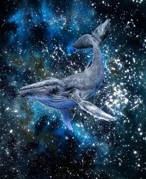 A watercolor humpback whale gracefully swimming through electric blue liquid in space