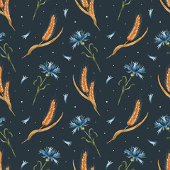 Watercolor seamless pattern with cornflowers and wheat. Yellow ears of wheat and blue cornflowers on dark blue.