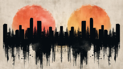 Obraz premium A city skyline with two large red suns in the background