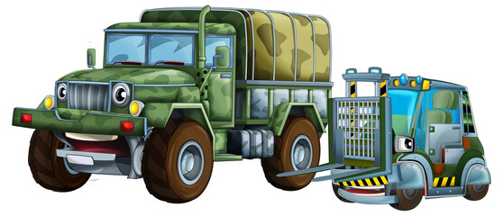 cartoon scene with two military army cars vehicles with forklift theme isolated background illustration for children - 788078761