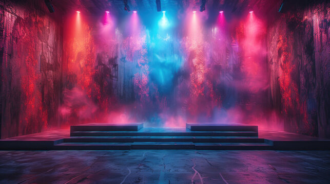 A vibrant modern dance stage comes to life with dynamic color washes and illuminated spotlights, creating an electrifying atmosphere for entertainment shows.