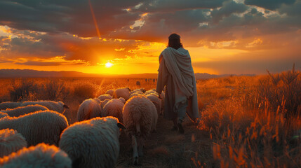 A Bible scene depicts Jesus as a shepherd with his flock of sheep during sunset.