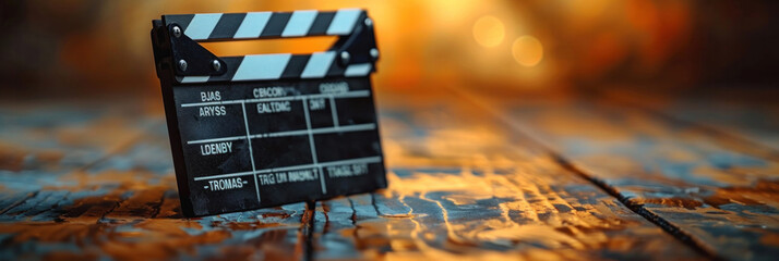 A clapperboard used in film production, isolated against a bright yellow background.