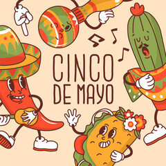 Banner for celebrating the Mexican holiday Cinco de Mayo. Traditional symbols of Mexico in the form of singing and dancing characters. Vector illustration isolated on a color background.