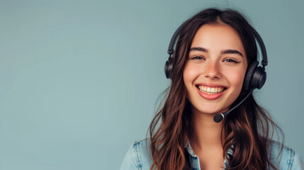 Beautiful professional woman operator in headphones ready to help you with your request, online consultation, tech support concept, banner with copyspace
 - obrazy, fototapety, plakaty