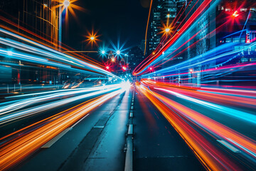 Urban thoroughfare bustling with high-speed traffic during the evening rush, headlights piercing through the dusk, captured in a mesmerizing play of motion blur and abstract long-exposure photography.