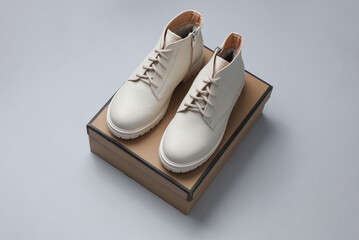 New white leather boots with box on gray background
