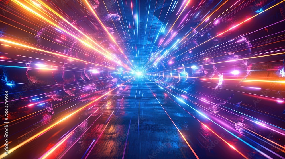 Aufkleber Abstract background with neon light rays and colorful shapes, colorful color scheme, glowing effect, symmetrical composition, high contrast lighting, sharp edges. Generative AI.