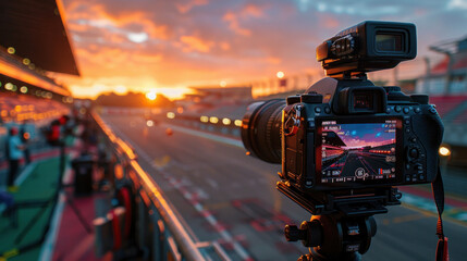 A professional video camera records a sunset race at a motorsport track.
