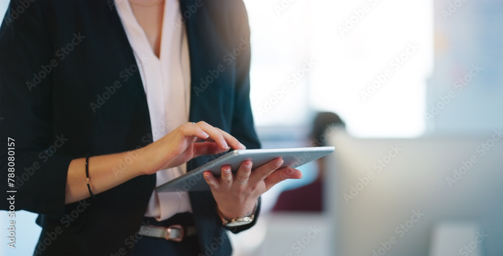 Poster woman, business and online on tablet in office for corporate research for task or project and networ