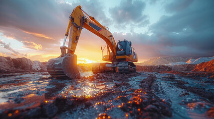An excavator works in a sandpit, carrying out earthmoving tasks at the construction site.