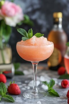Pink frothy cocktail frose garnished with mint and a flower, surrounded by vibrant pink blooms
