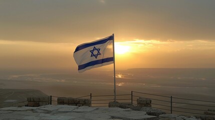 Solemn Israel flag fluttering at dusk with soft focus background. Yom HaZikaron, Israeli Independence Day, Memorial Day for Fallen Soldiers and Victims of Terrorism. AI Generated