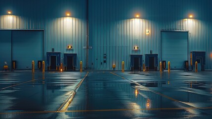 Shipping warehouse exterior at night. Generative AI.