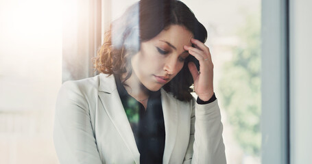 Business, window and sad woman with depression, burnout and negative feedback with kpi review...