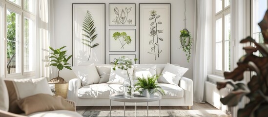 Living room with white decor featuring botanical posters on the walls and a sofa in the distance.