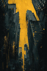 Golden Noir Cityscape with Iconic Skyscrapers and Dripping Paint Effect