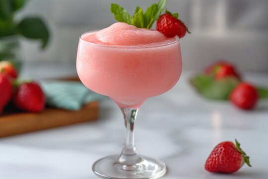 Pink frothy cocktail frose garnished with mint and a flower, surrounded by vibrant pink blooms