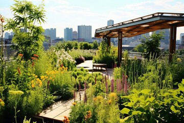 Fototapeta premium Lush Green Rooftop Garden Inspirations: Sustainable Rooftop Meadow Oasis