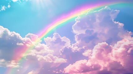 rainbow in the sky fluffy shining clouds , cotton, pink purple pastel colors