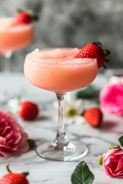 Pink frothy cocktail frose garnished with mint and a flower, surrounded by vibrant pink blooms