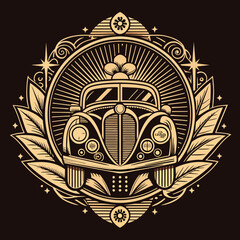 Winged Shield Car Crest with Vintage Ornate Frame Design