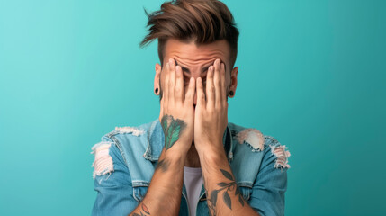 A Italian man with tattoos on his arms and a beard is looking away from the camera. portrait a handsome Italian man feeling disappointed and covers his face with both his hands - obrazy, fototapety, plakaty