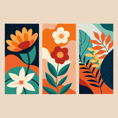 Floral banner set with abstract background and flowers, vintage style nature illustration