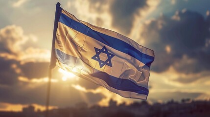 Solemn Israel flag fluttering at dusk with soft focus background. Yom HaZikaron, Israeli Independence Day, Memorial Day for Fallen Soldiers and Victims of Terrorism. AI Generated - obrazy, fototapety, plakaty