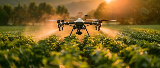 Drone Spraying Crops at Sunset: Agricultural Innovation Meets Nature. Concept Agricultural Innovation, Drone Technology, Crop Spraying, Sunset Photography, Nature Conservation - obrazy, fototapety, plakaty