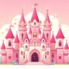 Fototapeta na wymiar cartoon dreamy pink and pastel color cartoon castle for fairytales and kids stories concepts as wide banner with copyspace area.