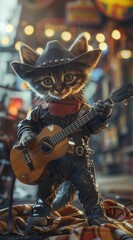 A cute kitten dressed as a cowboy, playing the guitar in front of a music store, street...