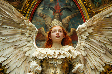 Fototapeta premium Angels and Knights Renaissance Art. Generated Image. A digital rendering of Renaissance art featuring the theme of angels and knights.