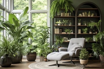 Green Oasis: Chic Urban Jungle Living Room Design with Modern Flair