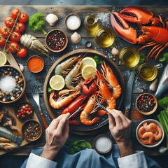 professional chef hands preparing seafood feast meal of shrimps, crabs and lobsters it as a wide banner with copy space area. - obrazy, fototapety, plakaty