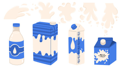 A set of packaging with dairy products and splashes of milk with drops. World Milk Day. Images for farmers and grocery stores. Vector illustration isolated on transparent background.
