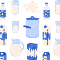 Seamless pattern with dairy products and splashes of milk with drops. World Milk Day. Images for farmers and grocery stores. Vector illustration isolated on transparent background.