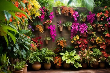 Fototapeta na wymiar Lush Vertical Garden Patio Designs: Flower Wall & Colorful Display Showcase