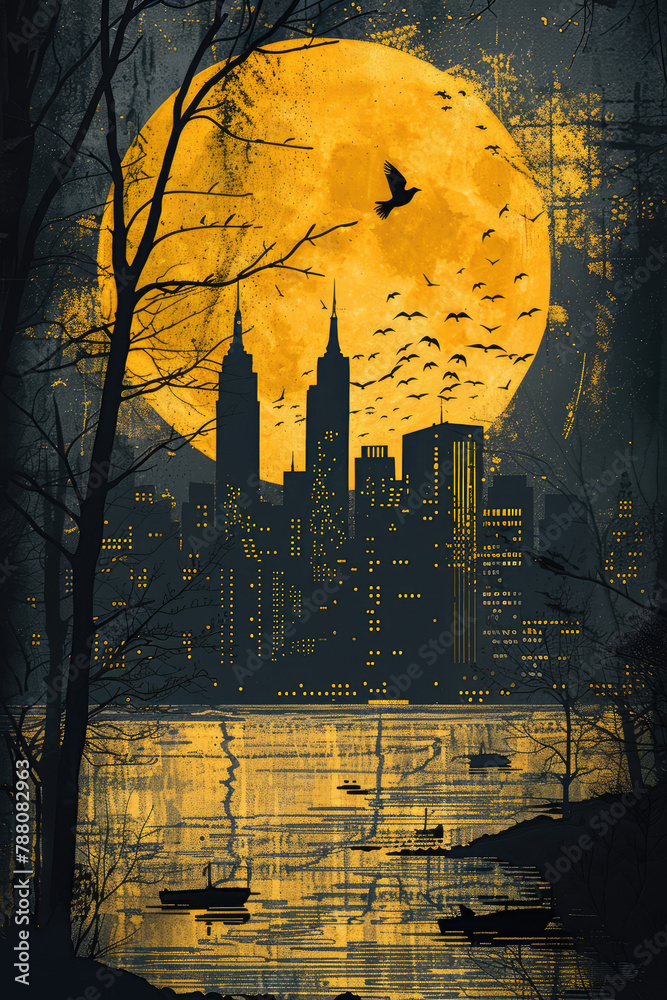 Wall mural golden noir cityscape with iconic skyscrapers and dripping paint effect