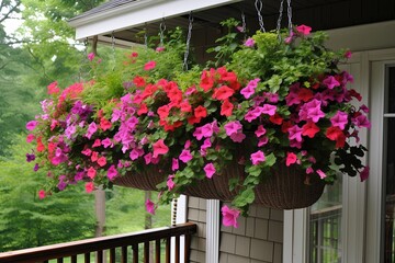 Fototapeta na wymiar Hanging Basket Vertical Garden Patio Designs: Achieving Varied Heights and Lush Greenery