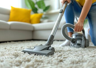 Woman cleaning with vacuum cleaner carpet in the living room at home.