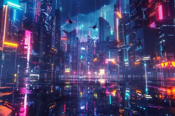A sleek and futuristic cityscape with towering skyscrapers, flying vehicles, and neon lights casting colorful reflections on the streets below