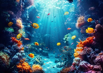 Fototapeta na wymiar A colorful coral reef teeming with various fish species.