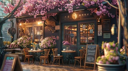 Cozy romantic spring coffee shop outside. Generative AI. - obrazy, fototapety, plakaty