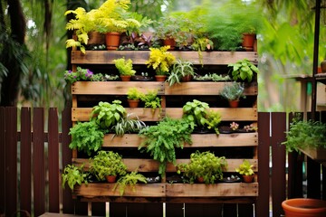 Fototapeta na wymiar Pallet Garden DIY Project: Exquisite Lush Vertical Garden Patio Designs